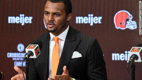 Quarterback Deshaun Watson of the Cleveland Browns speaks during his press conference introducing him to the Cleveland Browns  at CrossCountry Mortgage Campus on March 25, 2022 in Berea, Ohio. 