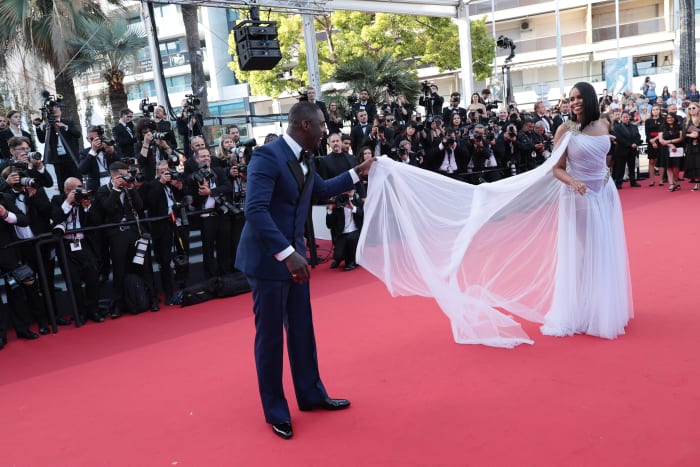 Sabrina Elba, with husband Idris, on the red carpet at the 2022 Cannes Film Festival wearing custom Tony Ward Couture.