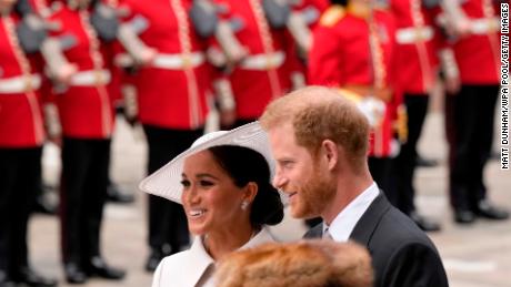 Prince Harry and Meghan, Duke and Duchess of Sussex arrive for a national service at London&#39;s St Paul&#39;s Cathedral on Friday to celebrate the jubilee.