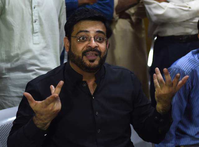 <p>In this picture taken on July 11, 2018, Aamir Liaquat Hussain, a televangelist and an election candidate of the political party Pakistan Tehreek-e-Insaf </p>